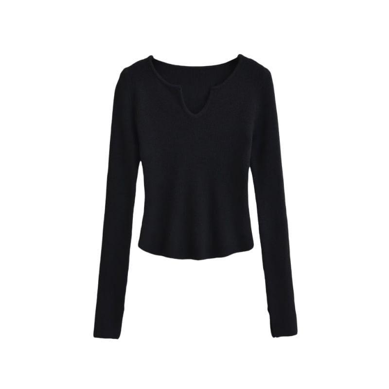 Long Sleeve Notch Neck Plain Knit Top Product Image