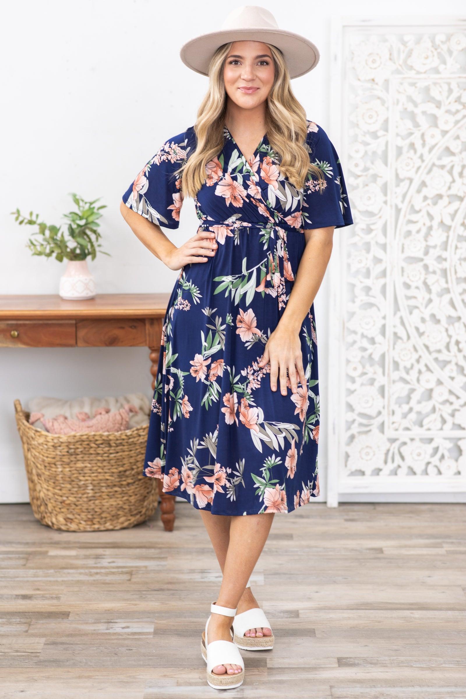 Navy Floral Faux Wrapped Midi Dress Product Image