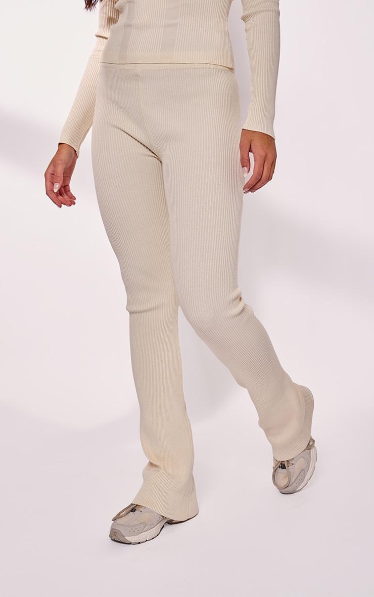 Cream Rib Knit Flared Pants Product Image