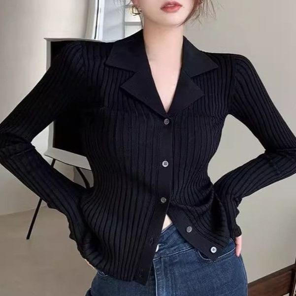 Lapel Collar Plain Button-Up Cardigan Product Image