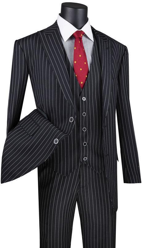 Odyssey Collection - Black Regular Fit 3 Piece Suit 2 Button Gangster Stripe Product Image