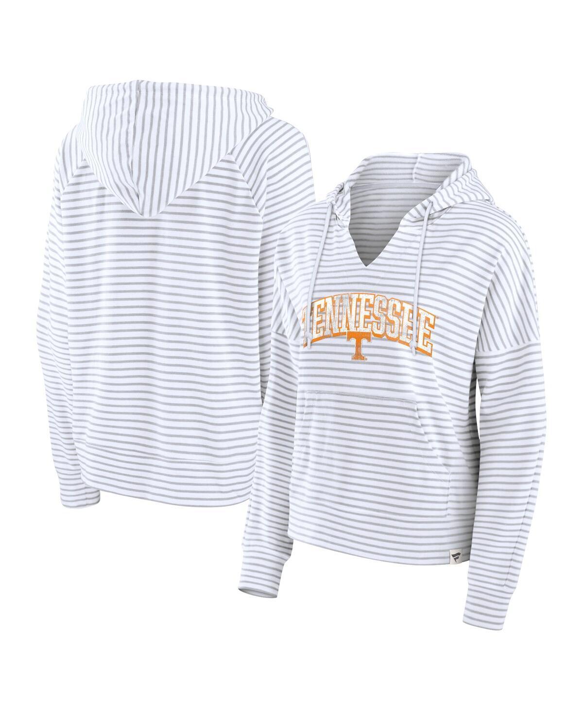 Fanatics Womens White Tennessee Volunteers Arch Logo Striped Notch Neck Pullover Hoodie - White, Gray Product Image