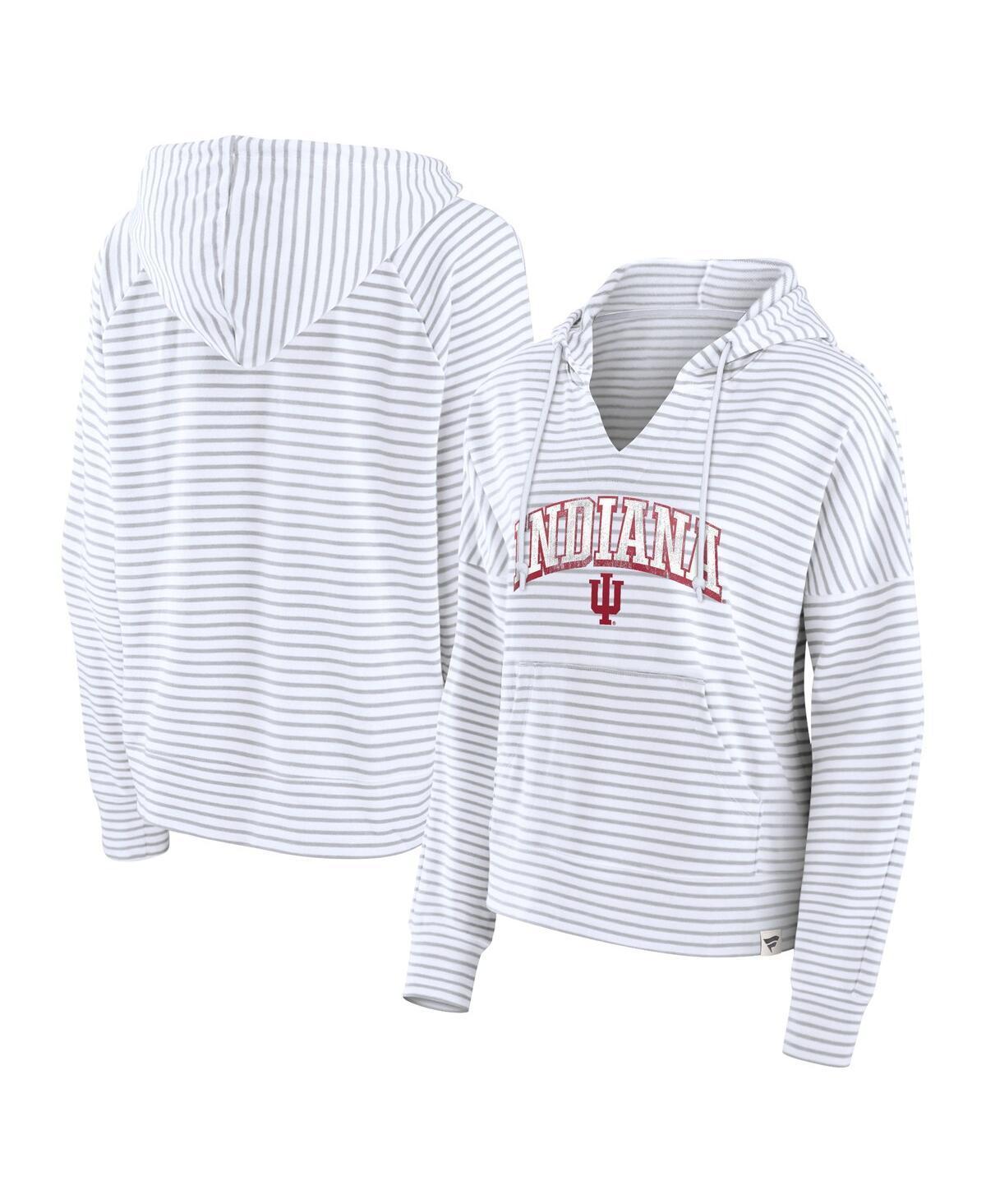 Fanatics Womens White Indiana Hoosiers Arch Logo Striped Notch Neck Pullover Hoodie - White, Gray Product Image