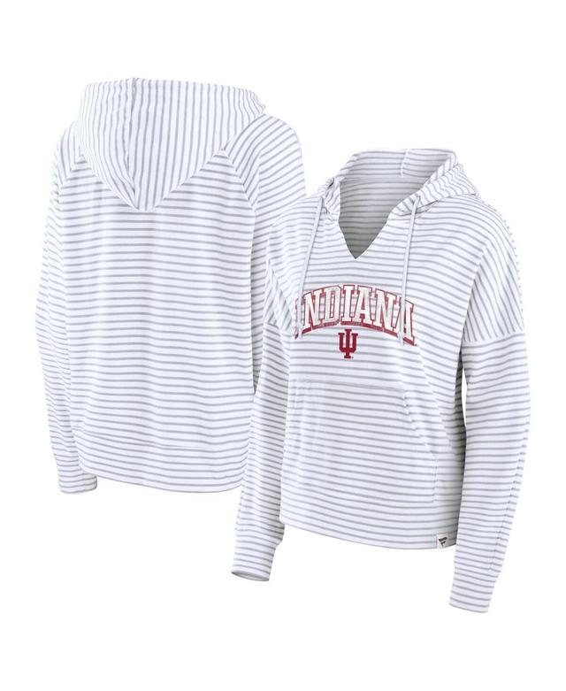 Fanatics Womens White Indiana Hoosiers Arch Logo Striped Notch Neck Pullover Hoodie - White, Gray Product Image