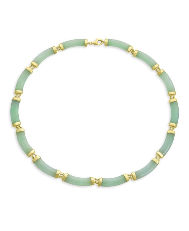 Asian Style Gemstone Genuine Green Jade Strand Contoured Tube Bar Link Collar Necklace For Women 14K Yellow Gold Plated .925 Sterling Silver 16 Inch - Product Image