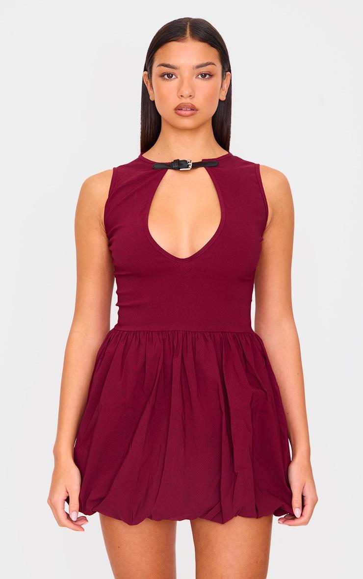 Burgundy Stretch Woven Belted Puffball Mini Dress product image