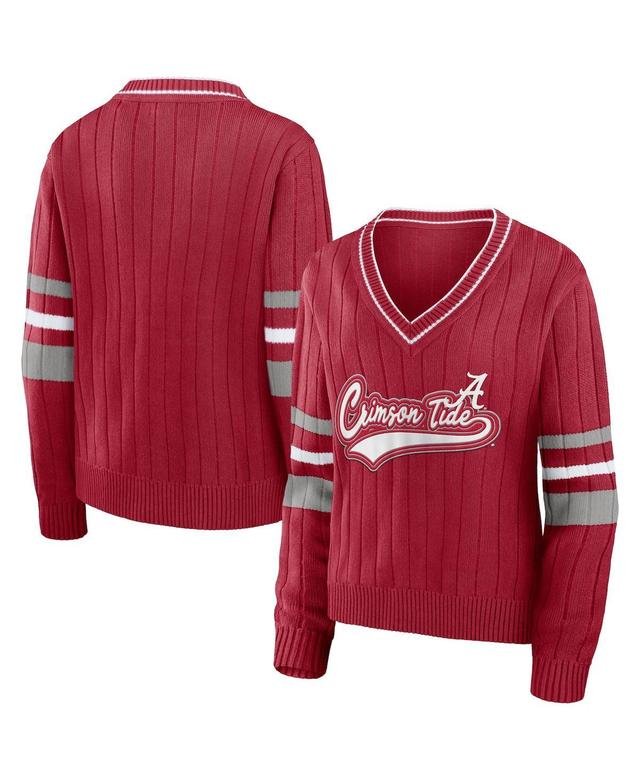 Womens WEAR by Erin Andrews Crimson Alabama Crimson Tide Script Sleeve Stripe V-Neck Pullover Sweater Product Image