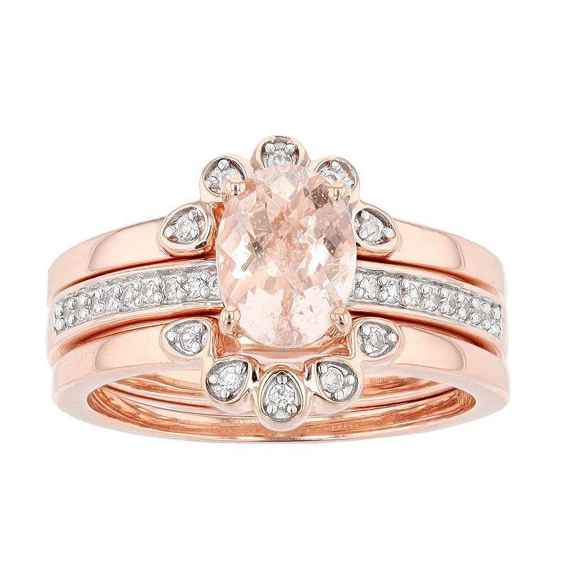 14k Rose Gold Over Silver Oval Morganite & White Zircon Trio Ring Set, Womens Pink Product Image