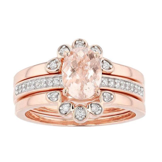 14k Rose Gold Over Silver Oval Morganite & White Zircon Trio Ring Set, Womens Pink Product Image