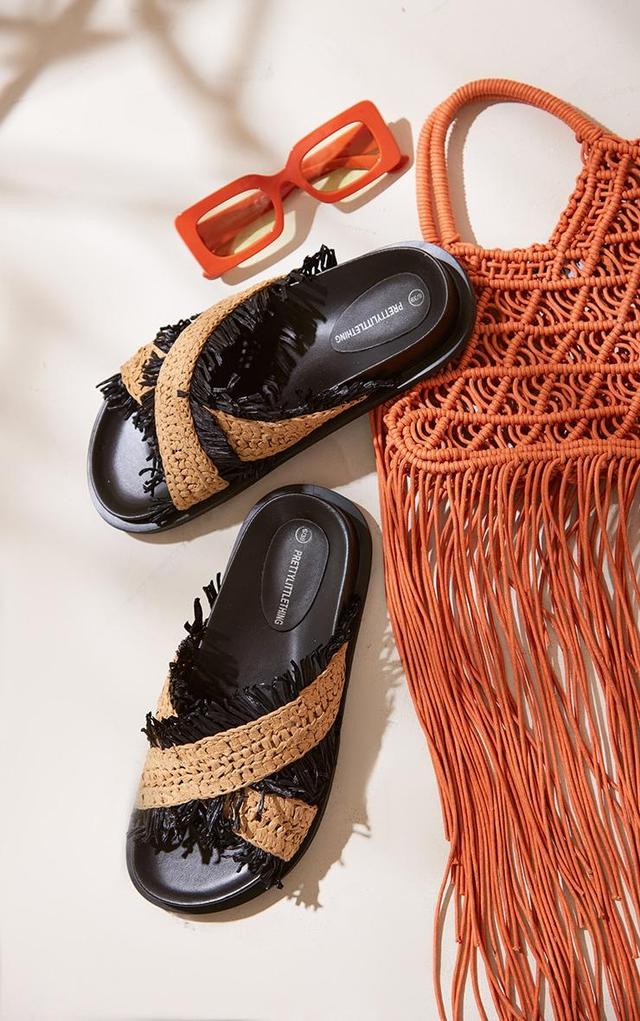  Natural Raffia Criss Cross Fringe Slides Product Image