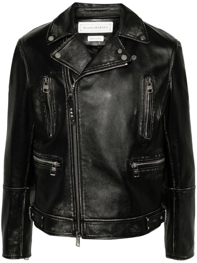 Zipped Leather Biker Jacket In Black Product Image