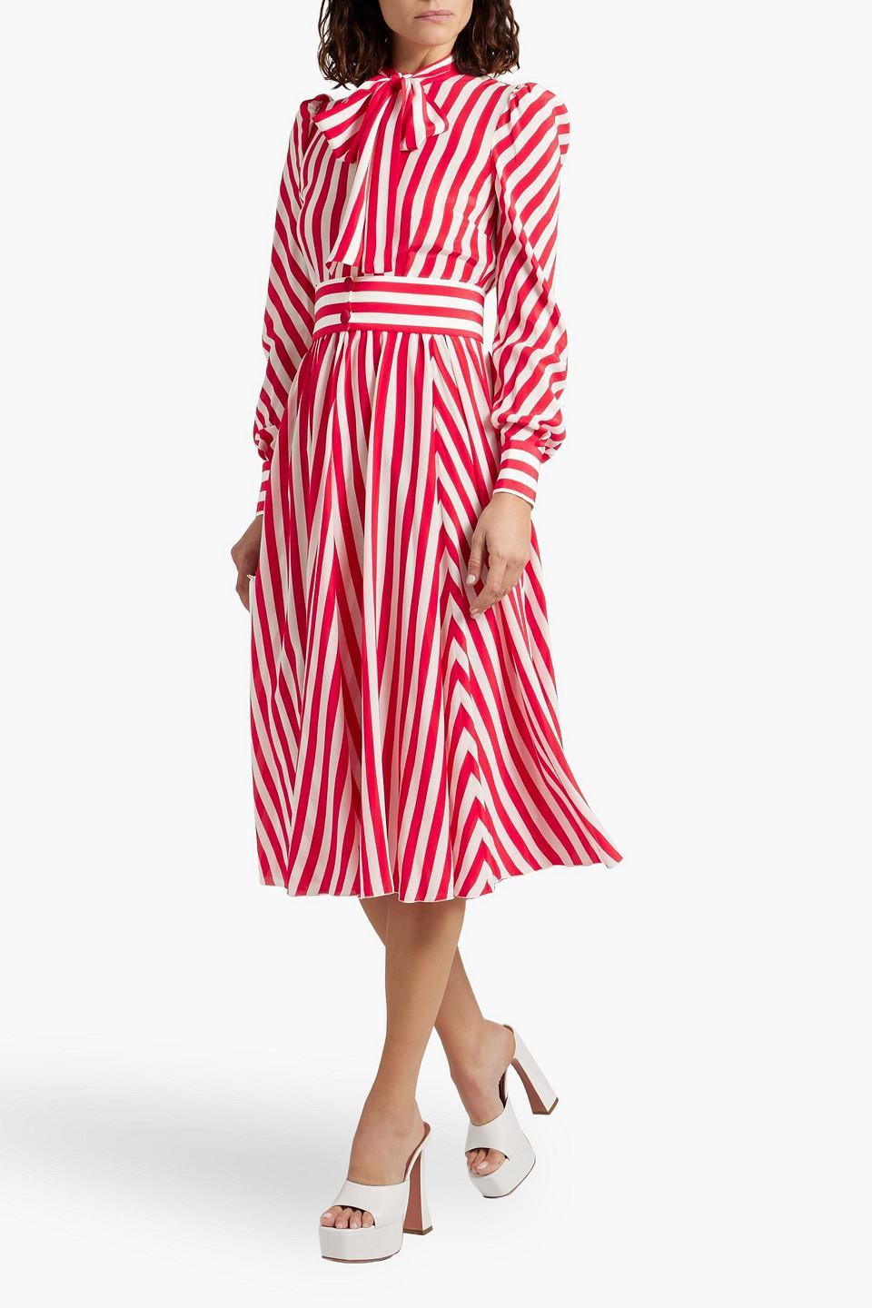 DOLCE & GABBANA Pussy-bow Striped Silk-crepe Midi Dress In Red Product Image