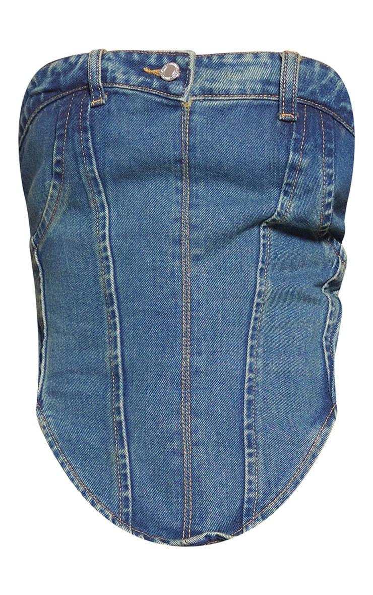 Indigo Vintage Wash Jean Waistband Detail Denim Corset Top Product Image