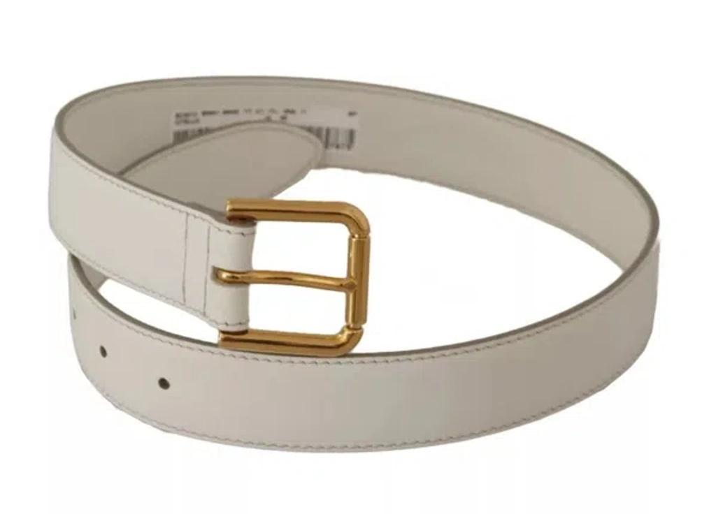 White Leather Gold Logo Engraved Metal Buckle Belt Product Image