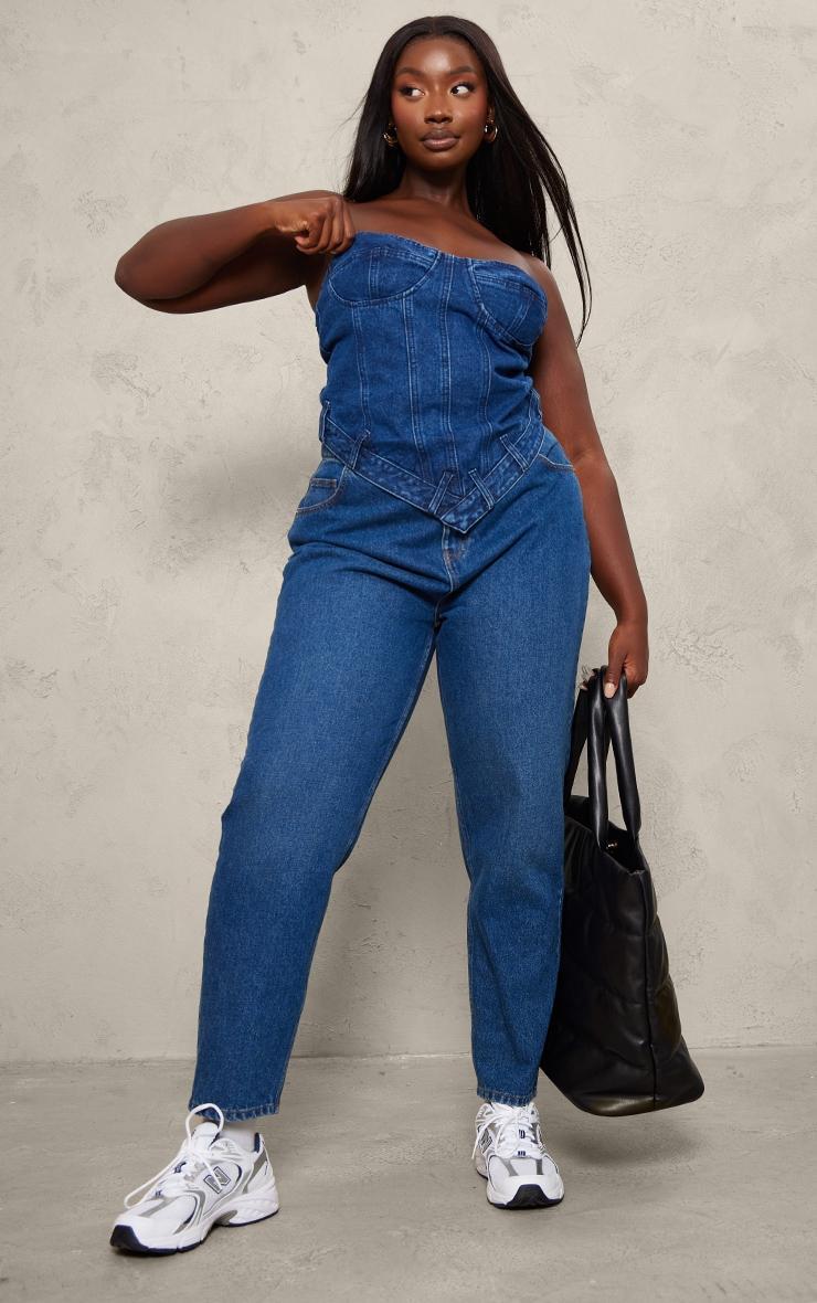 Plus Dark Blue Waistband Hem Bandeau Denim Corset Product Image