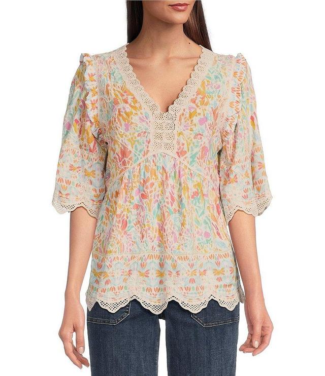 Democracy Woven Paisley Print Split V-Neck Short Sleeve Empire Waist Crochet Scalloped Trim Top Product Image