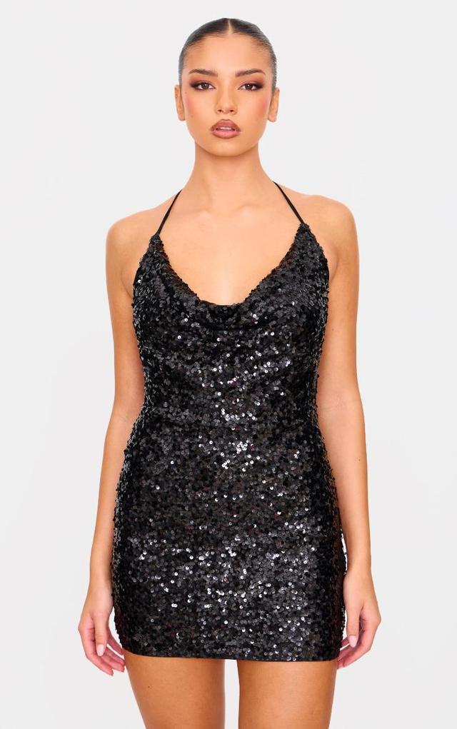 Black Sequin Tie Cowl Halter Neck Bodycon Dress Product Image