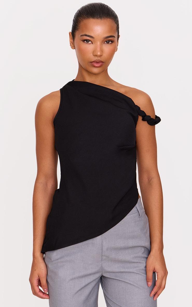 Black Woven Asymmetric Hem Ruched Long Top Product Image