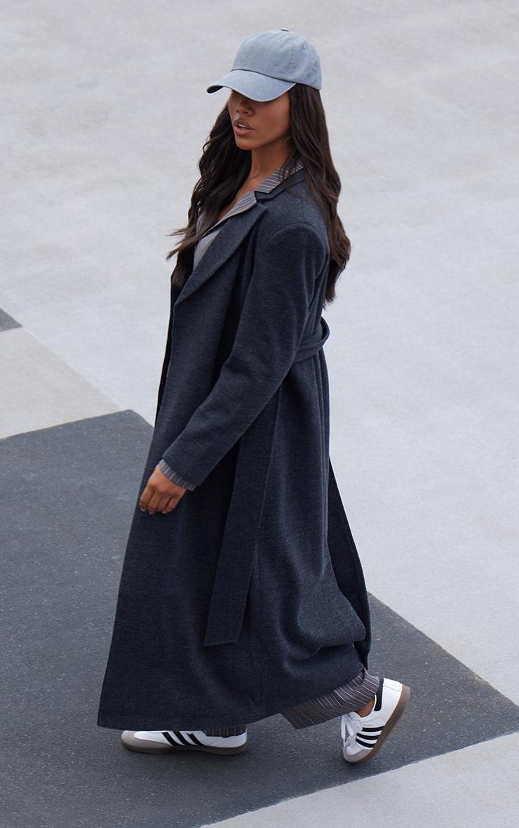 Black Herringbone Self Tie Maxi Coat Product Image