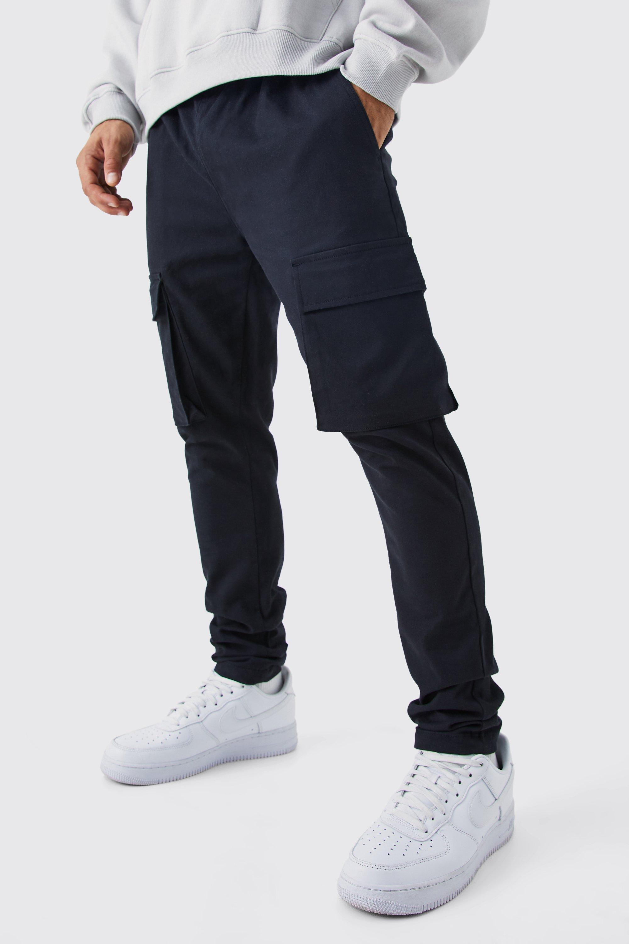 Mens Black Elasticated Waist Skinny Fit Cargo Trouser, Black Product Image