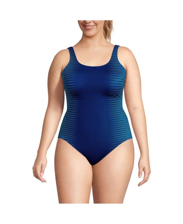 Lands End Womens Chlorine Resistant High Leg Soft Cup Tugless Sporty One Piece Swimsuit - Navy Product Image