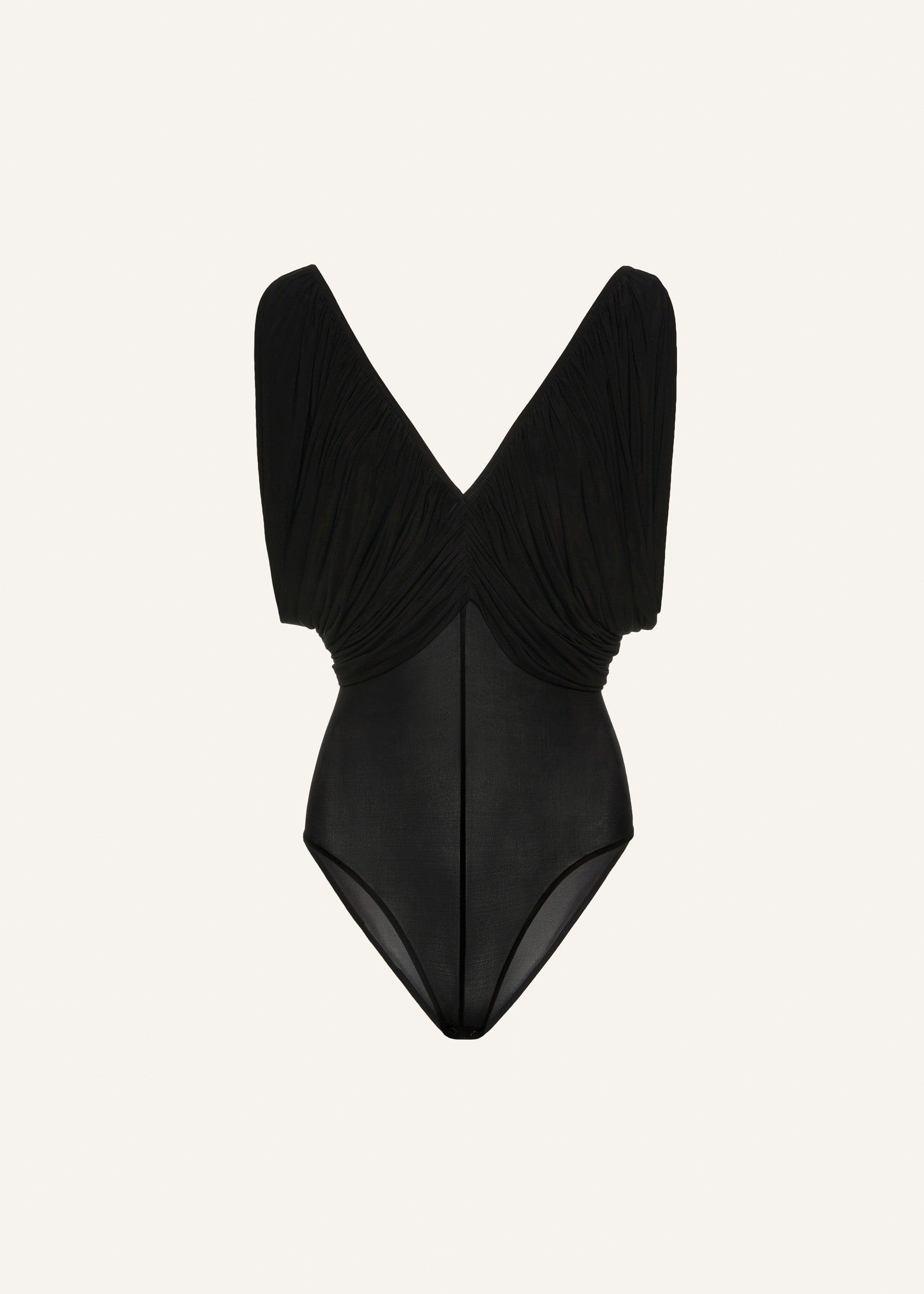 Ruched v neck bodysuit in black Product Image