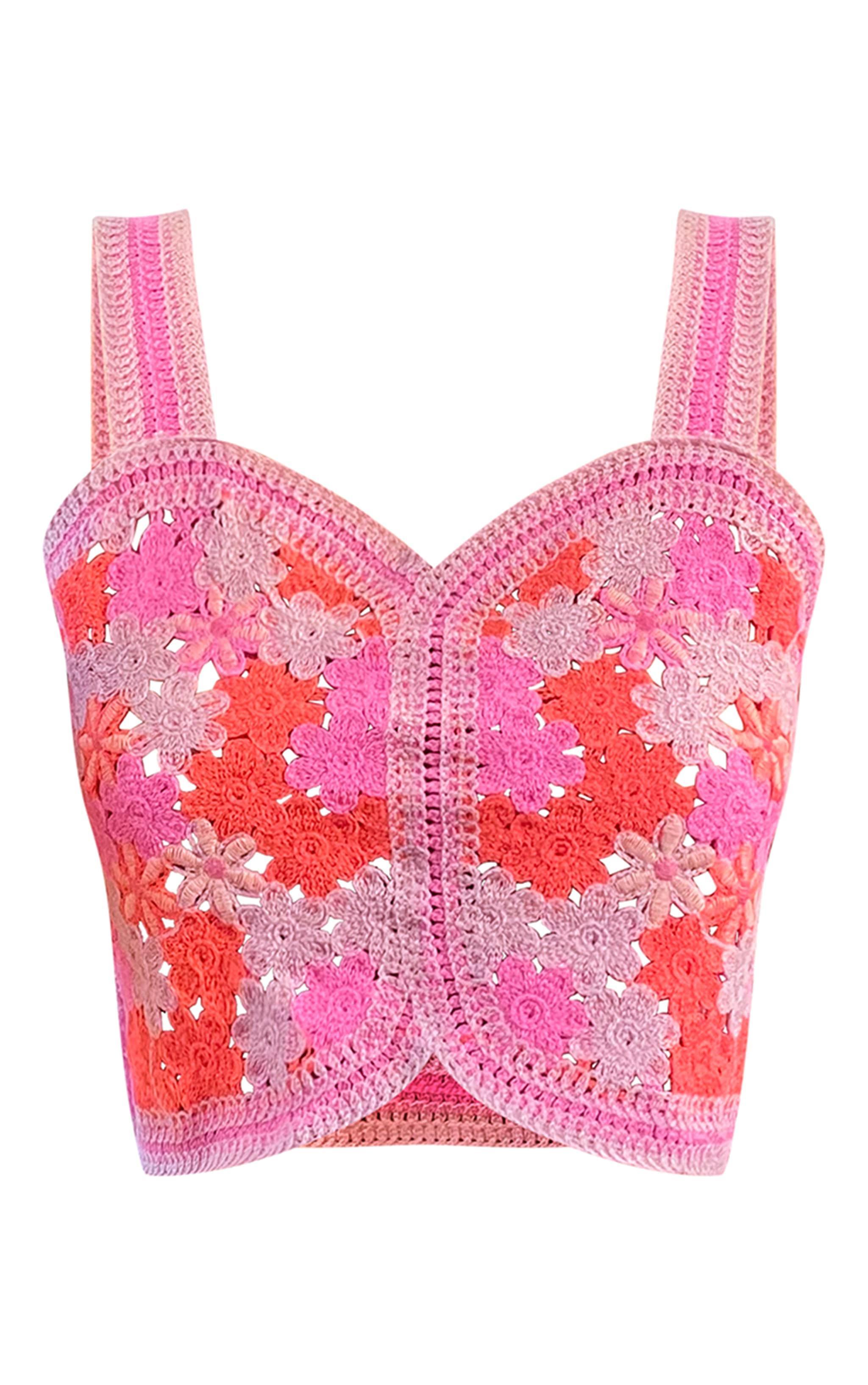 Pink Floral Crochet Stitch Detail Crop Top Product Image