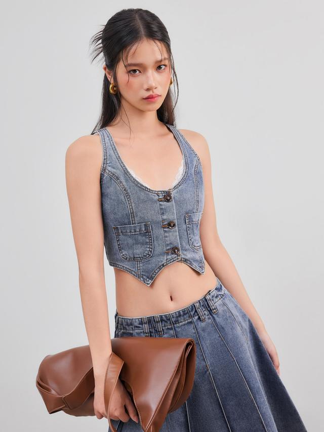 Denim Scoop Neckline Solid Crop Jacket Vest Product Image