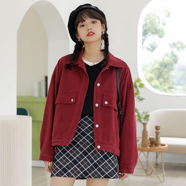 Collared Plain Denim Button Jacket Product Image