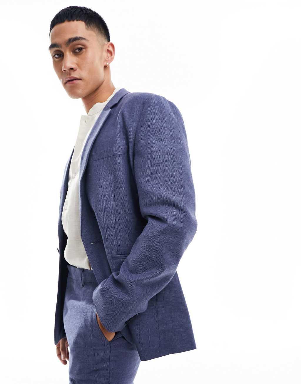 ASOS DESIGN skinny herringbone suit jacket with linen in navy Product Image