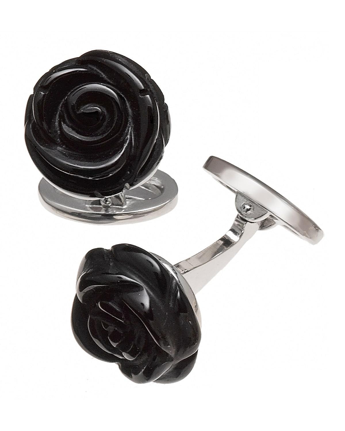 Mens Black Onyx & Sterling Silver Carved Rose Cufflinks Product Image