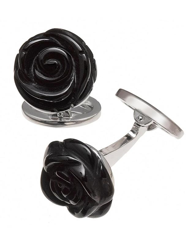 Jan Leslie Hand Carved Rose Black Onyx & Sterling Silver Cufflinks Product Image