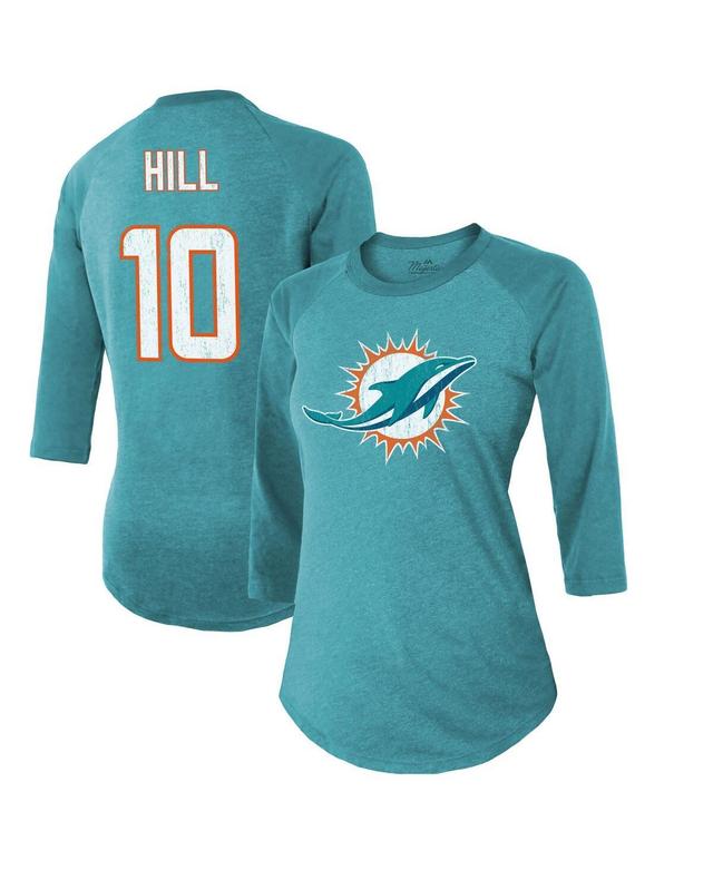 Womens Majestic Threads Tyreek Hill Aqua Miami Dolphins Name & Number Raglan 3/4 Sleeve T-shirt Product Image