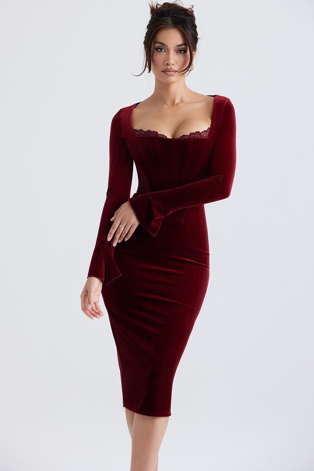 Solaine Wine Velvet Corset Dress Product Image