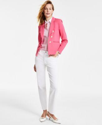 Jones New York Womens Open Front Blazer Striped Contrast Trim Button Front Cotton Top Lexington Mid Rise Straight Leg Jeans Product Image