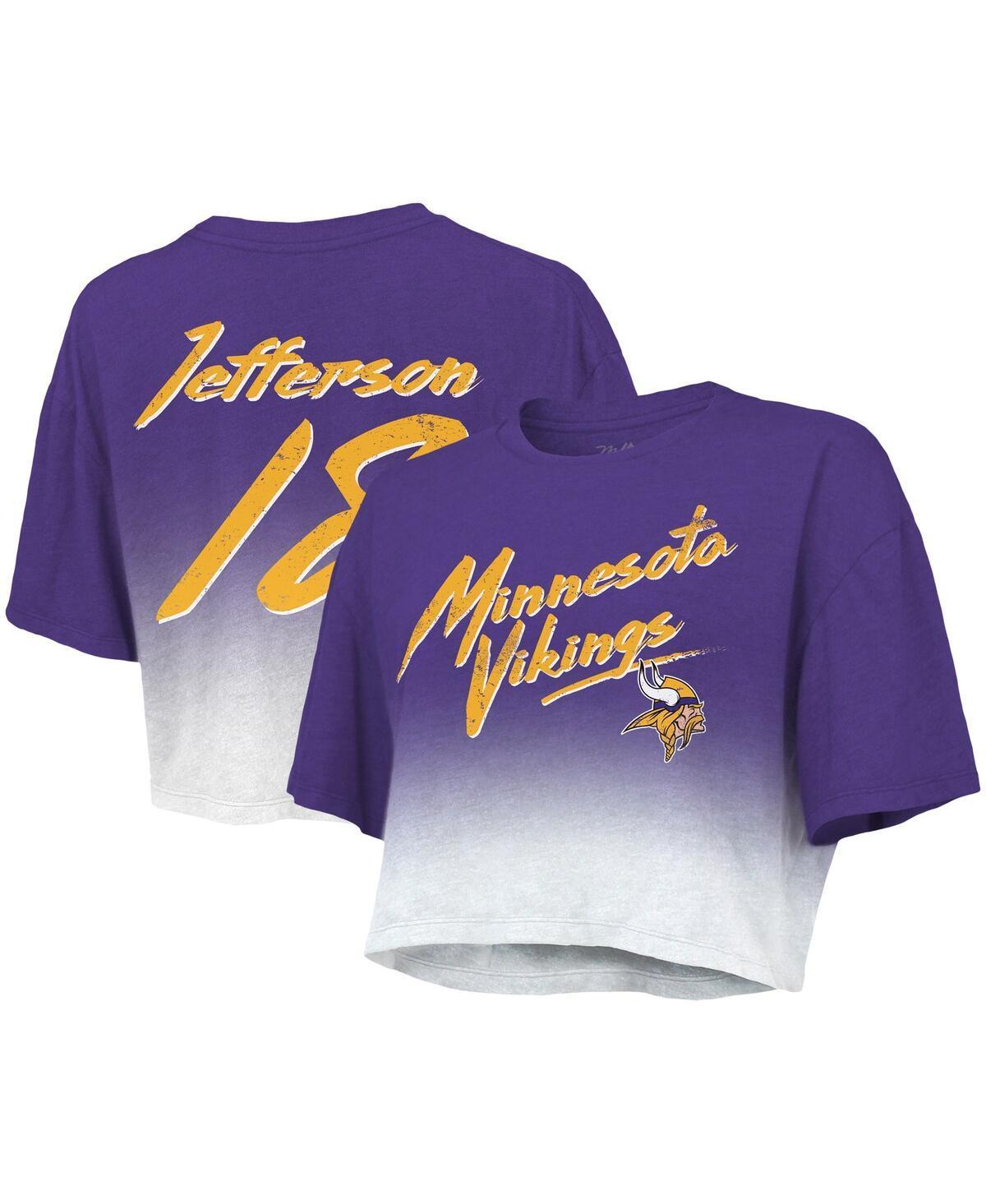 Womens Majestic Threads Justin Jefferson /White Minnesota Vikings Drip-Dye Player Name & Number Tri-Blend Crop T-Shirt Product Image