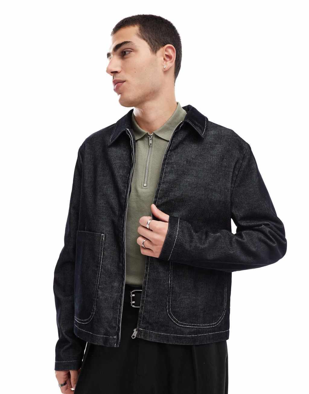 ASOS DESIGN harrington jacket in cord with wash and contrast stitch Product Image