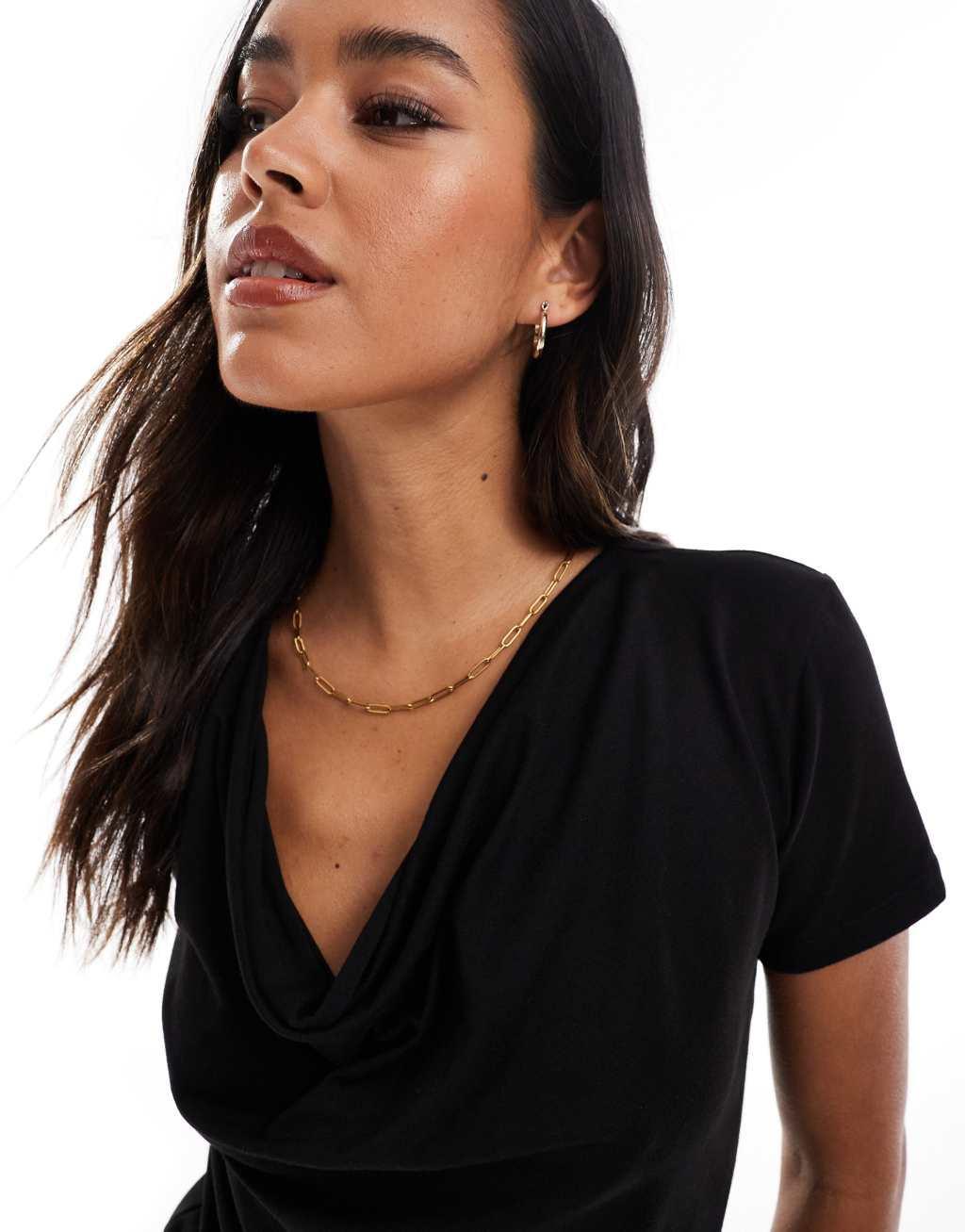 ONLY short sleeve waterfall neck top in black Product Image