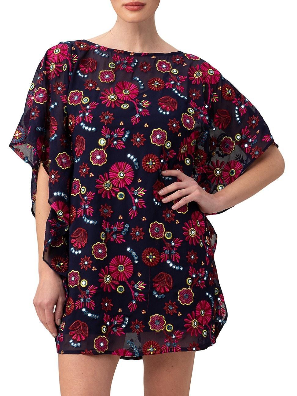 Trina Turk Anissa Scattered Floral Embroidered Boat Neck 34 Dolman Sleeve Caftan Dress Product Image