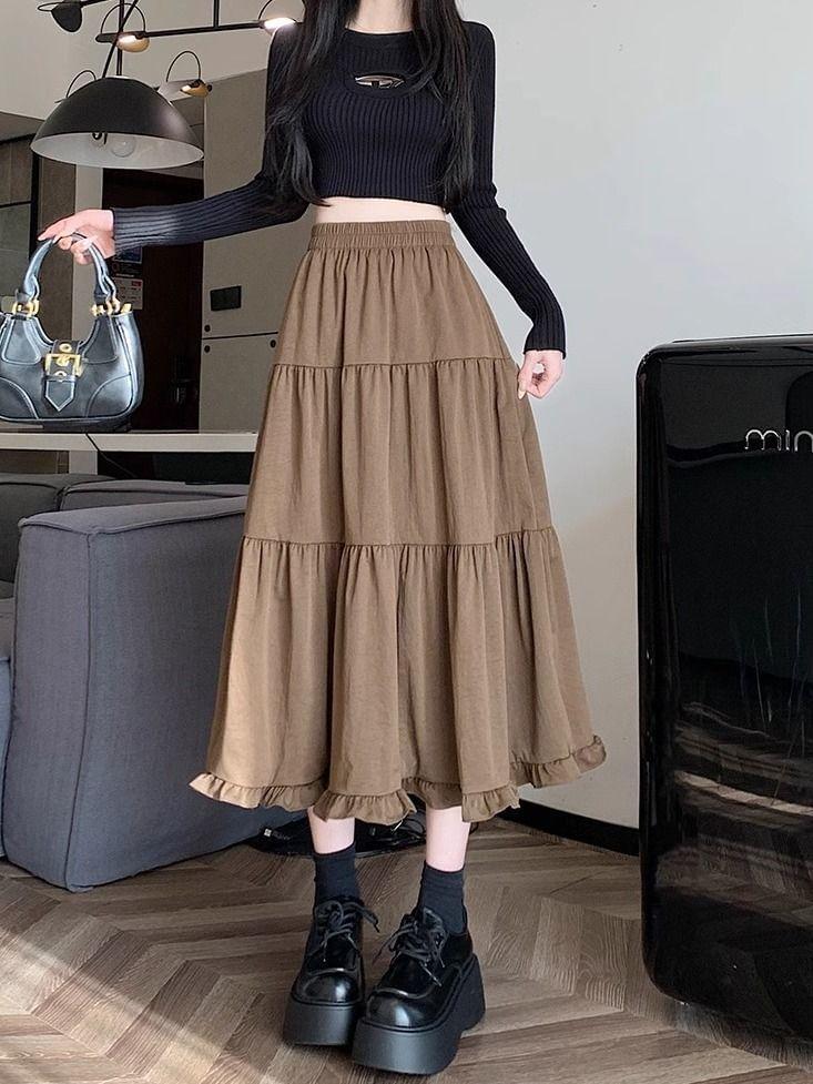 High Waist Plain Ruffle Trim Maxi A-Line Skirt Product Image