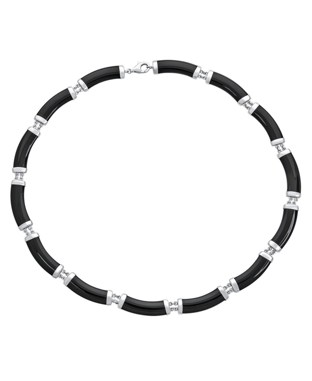 Bling Jewelry Asian Style Black Natural Onyx Strand Contoured Tube Bar Link Collar Necklace For Women Sterling Silver 16 Inch Product Image