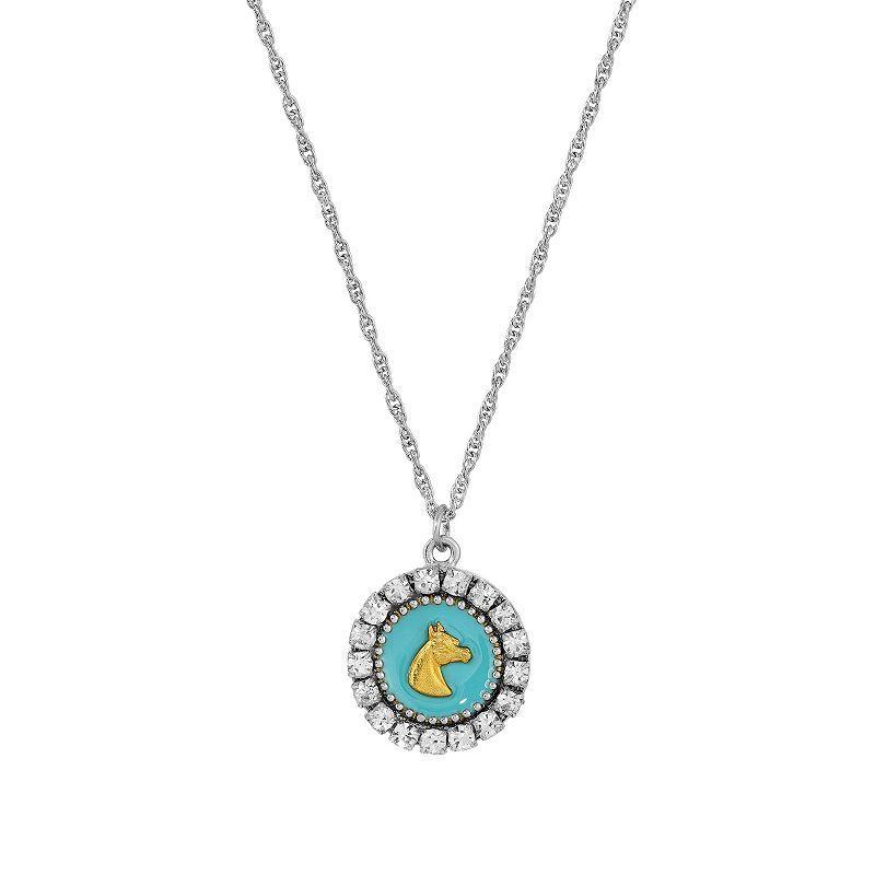 1928 Silver Tone Crystal Aqua Enamel Horse Head Necklace, Womens, Turquoise Product Image