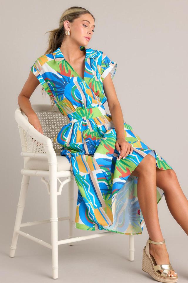 Oceanic Fantasy Blue Multi Tropical Print 100% Cotton Midi Dress Product Image