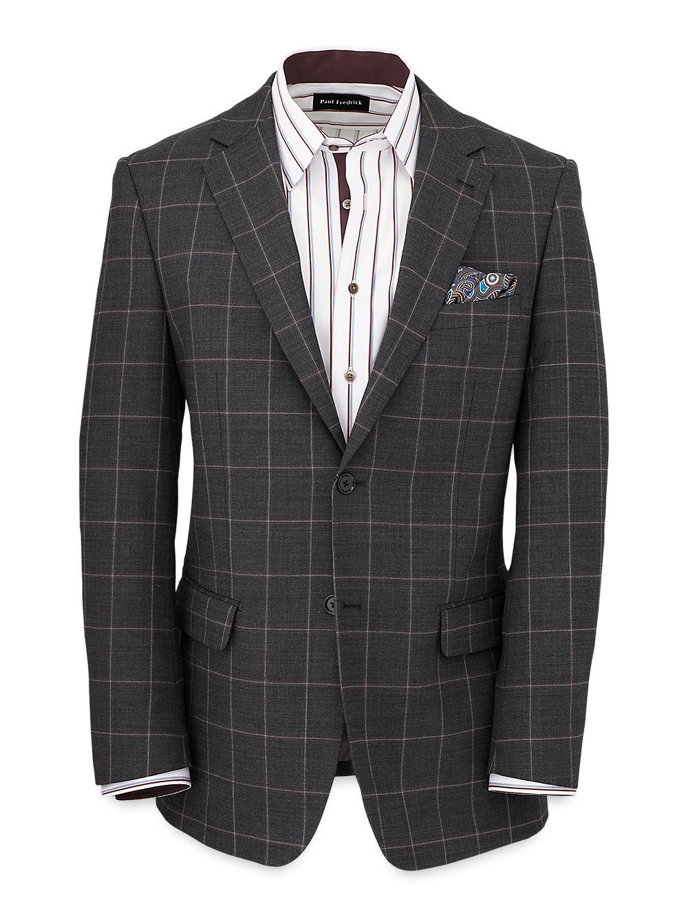 Wool Stretch Windowpane Notch Lapel Suit Jacket - Grey Product Image