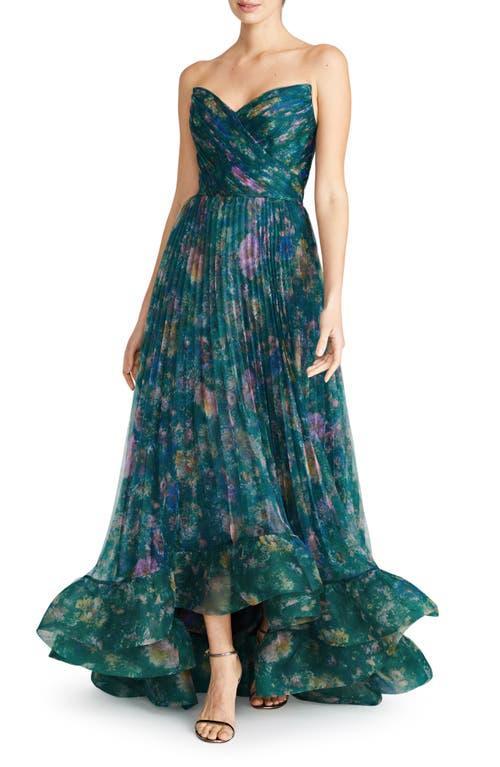 Theia Moira Floral Pleated Strapless High-Low Gown Product Image