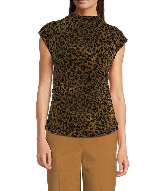 DKNY by Donna Karan Animal Print Jersey Sleeveless Funnel Neck Ruched Top Product Image