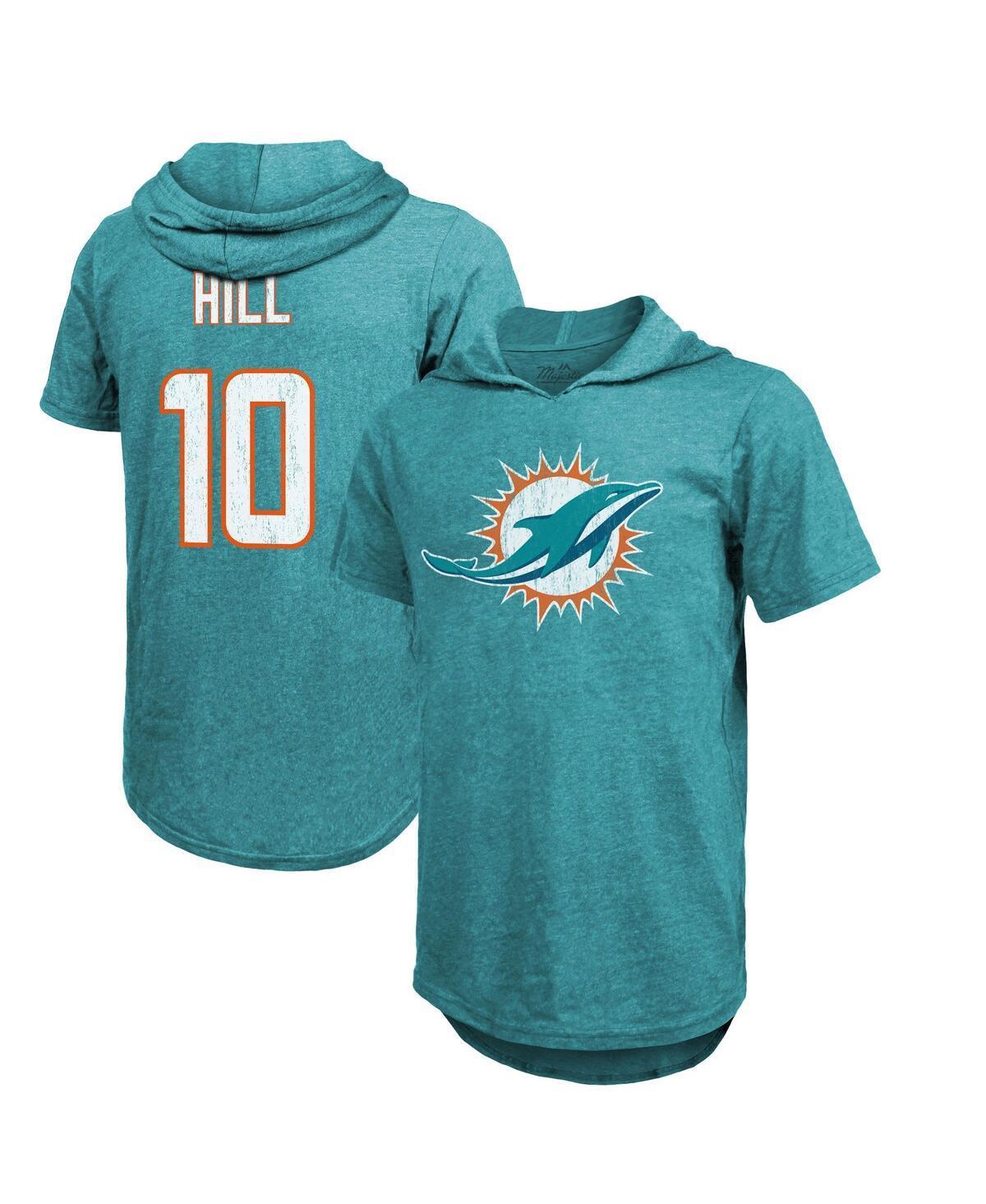 Mens Majestic Threads Tyreek Hill Aqua Miami Dolphins Player Name & Number Short Sleeve Hoodie T-shirt Product Image