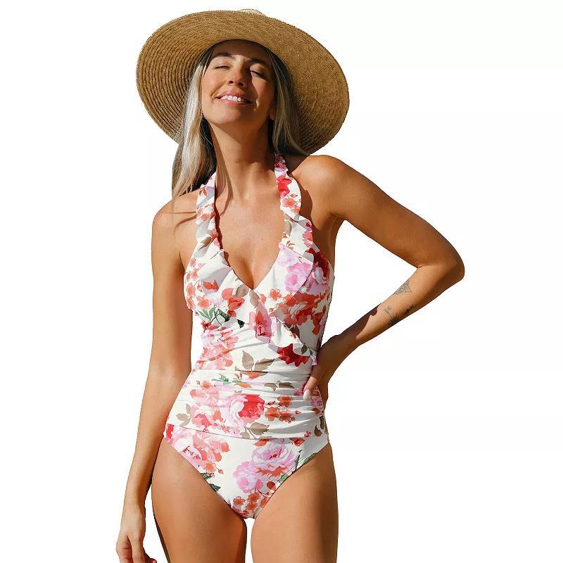 CUPSHE Soft Bloom Tummy Control Halter Neck One-Piece Swim Suit, Womens Product Image