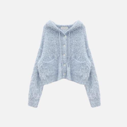 Plain Hooded Fluffy Cardigan Product Image