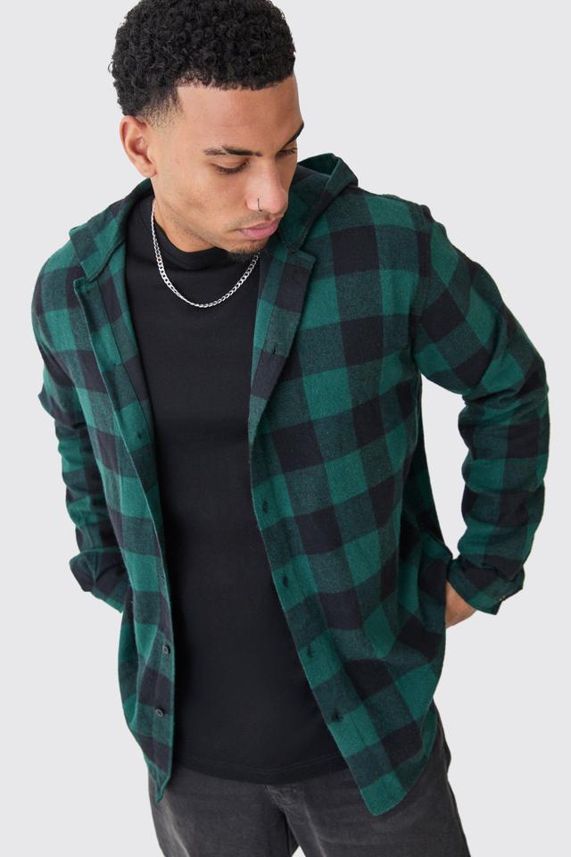 Mens Green Long Sleeve Oversized Hooded Button Through Check Shirt, Green Product Image